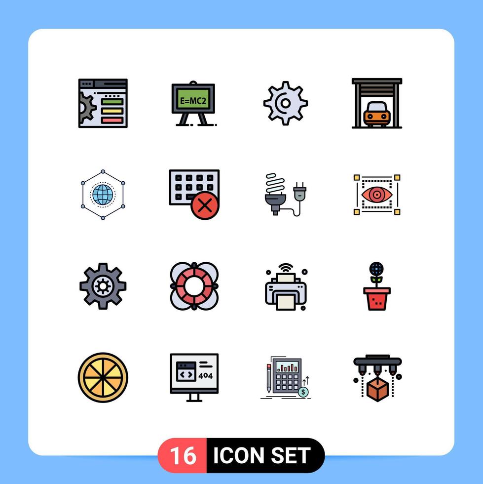 moderner Satz von 16 flachen, farbgefüllten Linien und Symbolen wie Verbindung globale Getriebenetzwerkgarage editierbare kreative Vektordesignelemente vektor