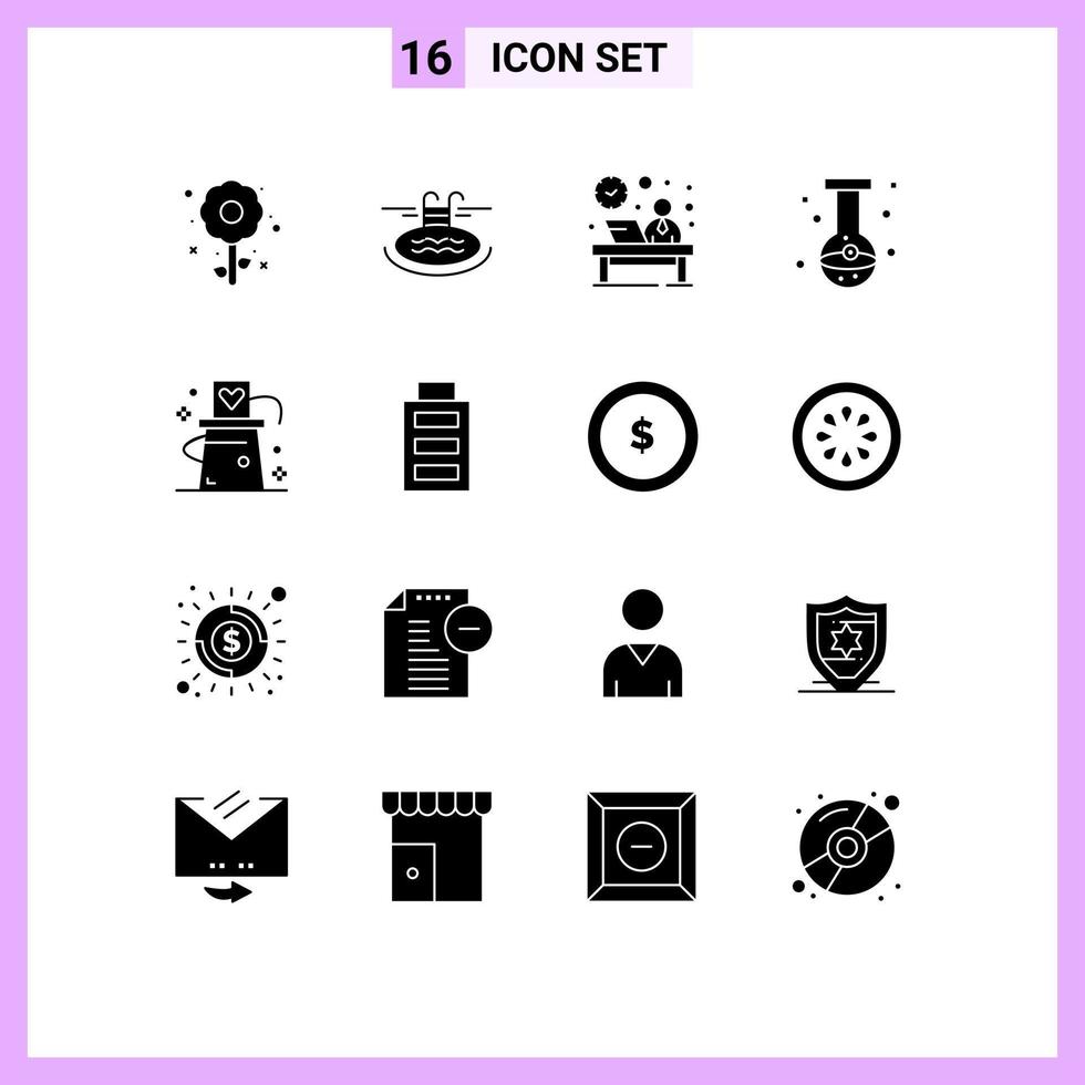 universell ikon symboler grupp av 16 modern fast glyfer av flaska kemisk skrivbord bägare reception redigerbar vektor design element