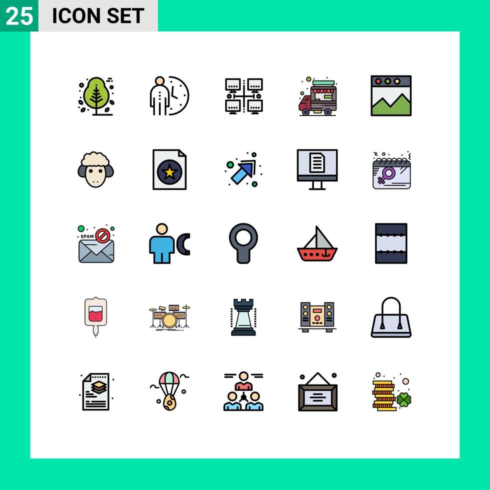 25 thematische, vektorgefüllte flache Linienfarben und editierbare Symbole von bearbeitbaren Vektordesignelementen für Analyse-LKW-Personenshop-Netzwerke vektor
