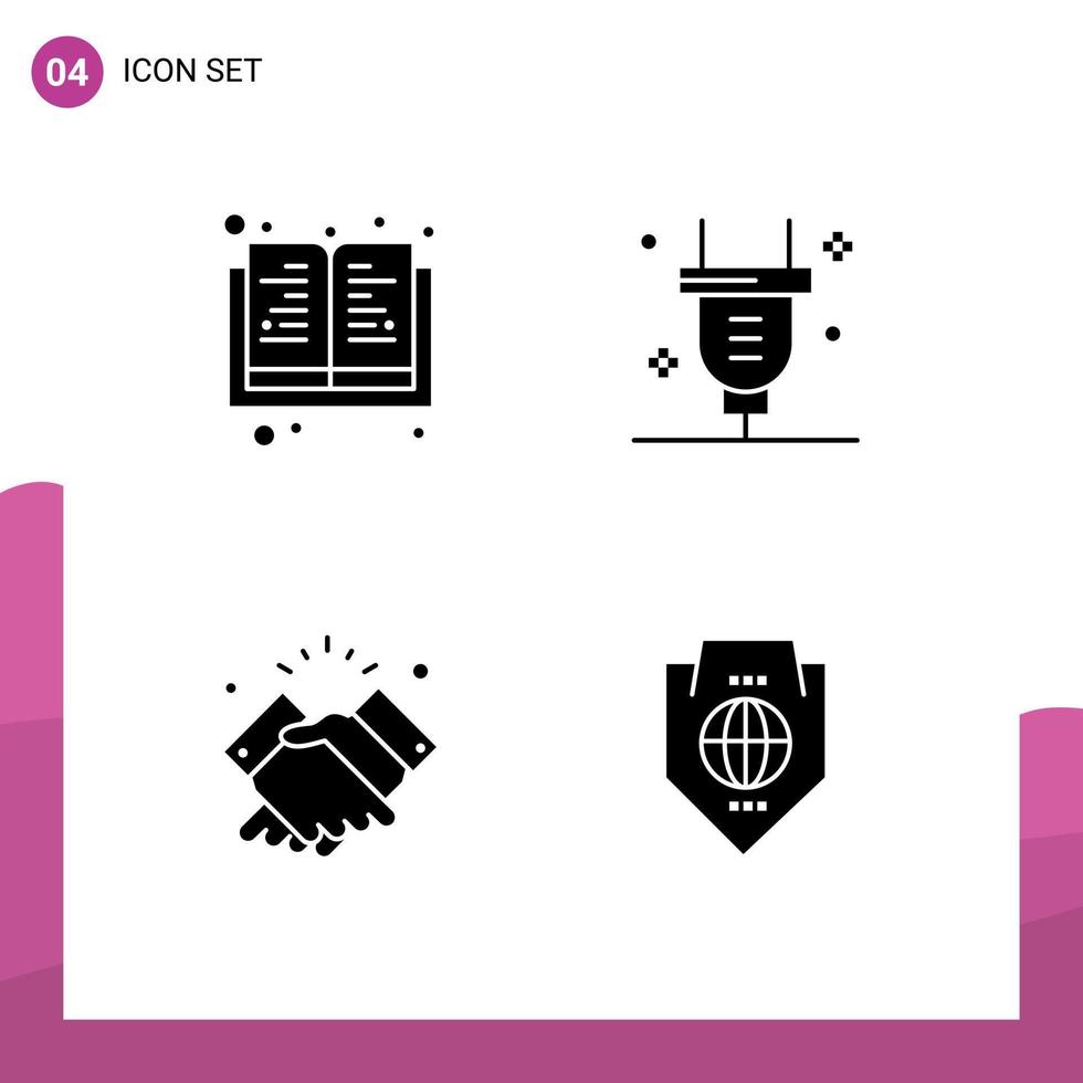 Stock Vector Icon Pack mit 4 Zeilenzeichen und Symbolen für Buchhandstecker Stromwünsche editierbare Vektordesign-Elemente