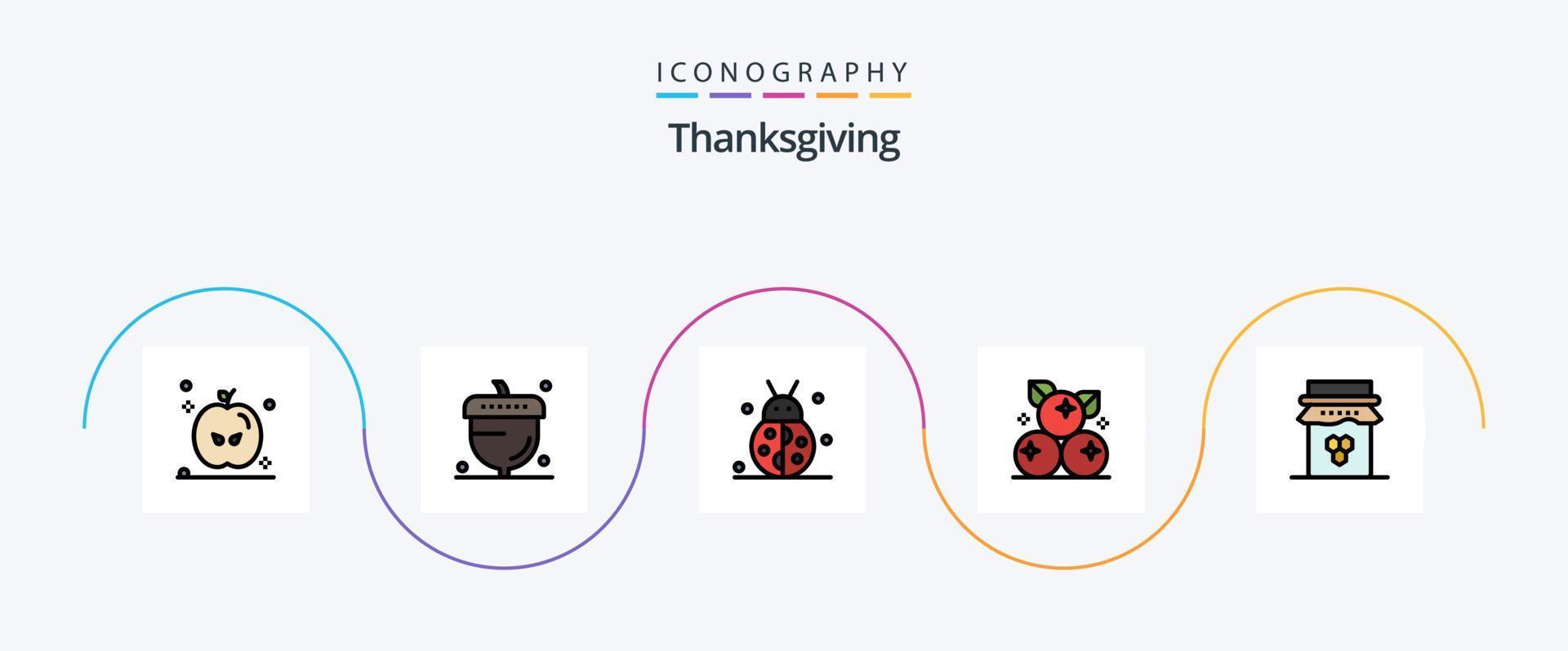 Thanksgiving Line gefüllt Flat 5 Icon Pack inklusive Frühstück. Obst. Herbst. Cranberry. Winter vektor
