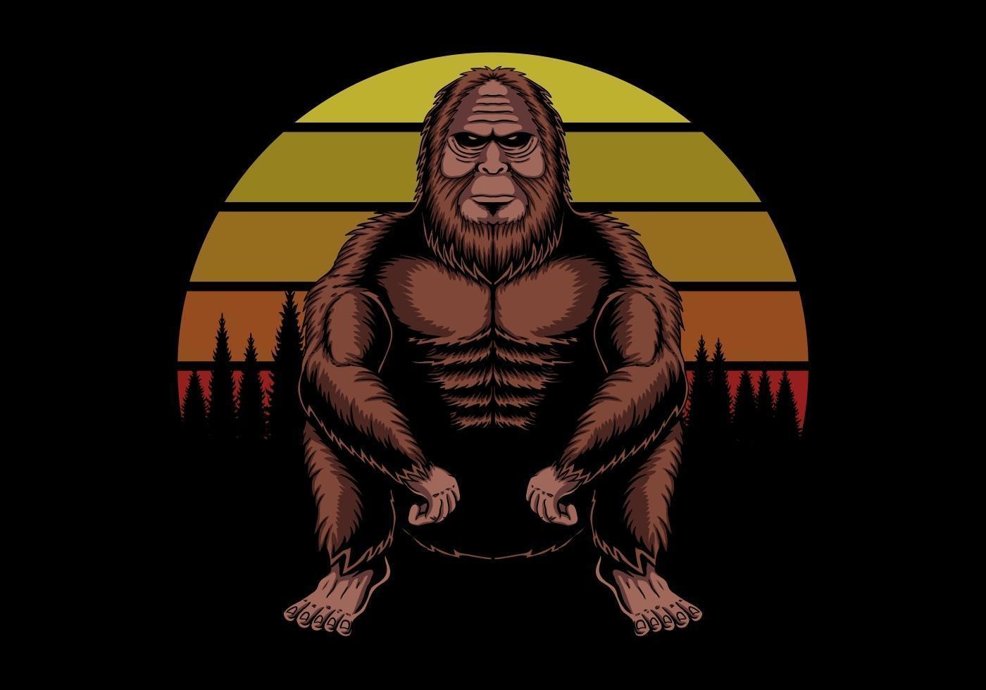 Bigfoot Hocken in der Nähe von Sonnenuntergang Retro Vektor-Illustration vektor