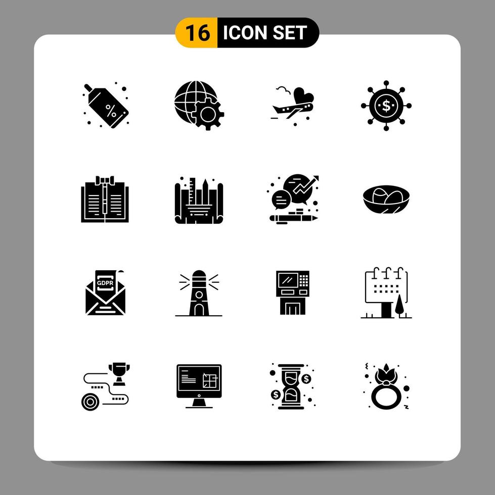 uppsättning av 16 kommersiell fast glyfer packa för digital företag flygplan modern ekonomi redigerbar vektor design element
