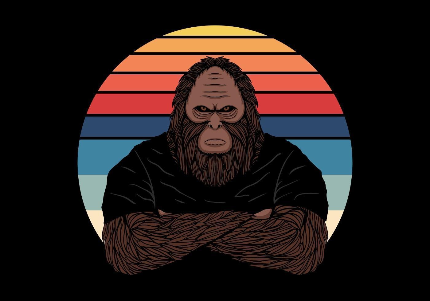 Bigfoot mit Retro-Vektorillustration des Sonnenuntergangs des heftigen Gesichts vektor