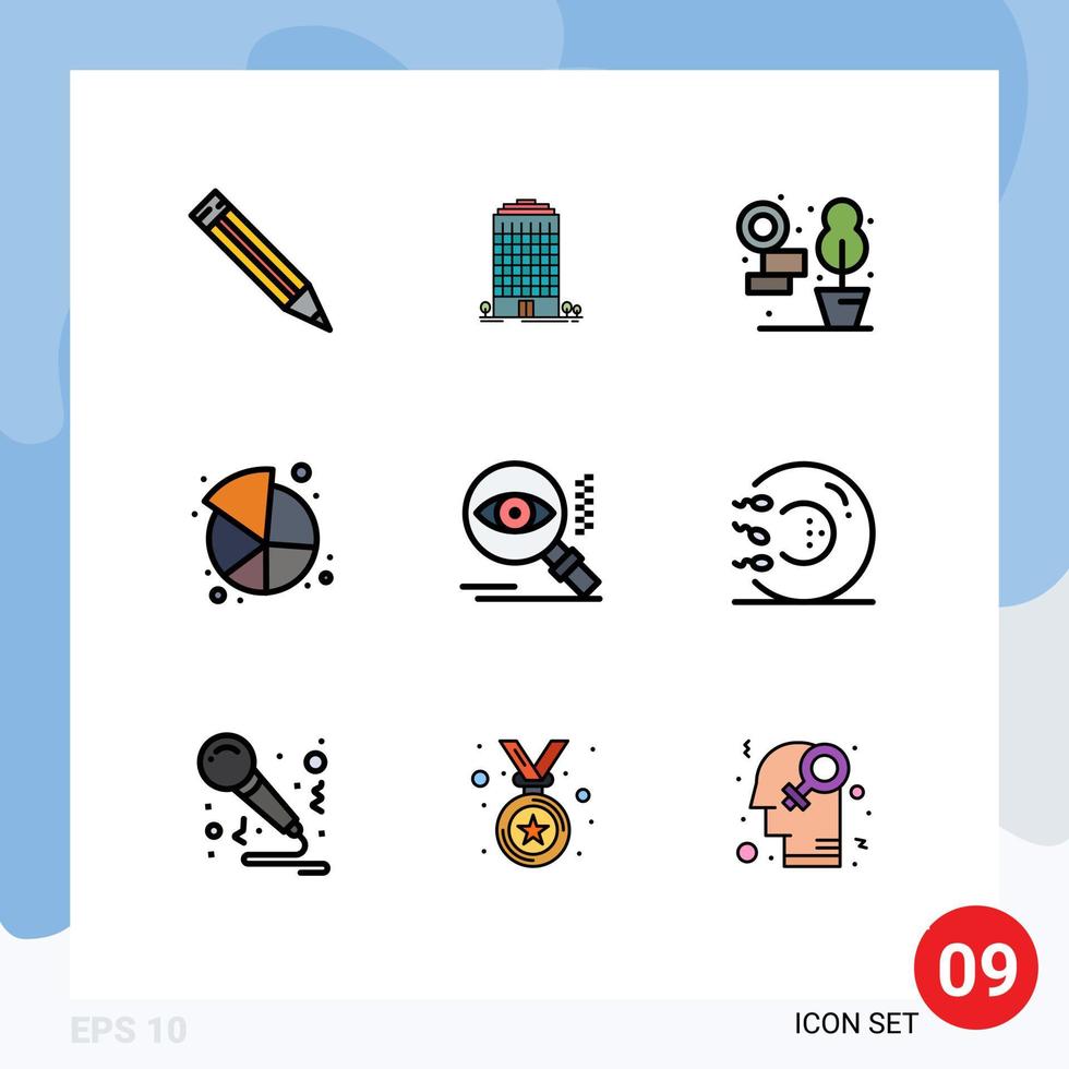 9 universell fylld linje platt färger uppsättning för webb och mobil tillämpningar hitta Sök levande öga paj redigerbar vektor design element