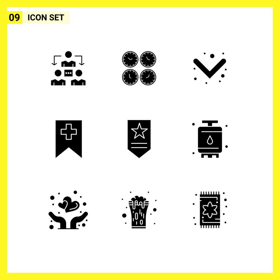 Stock Vector Icon Pack mit 9 Zeilenzeichen und Symbolen für Insignien plus Zeitzonen-Tag nach unten editierbare Vektordesign-Elemente