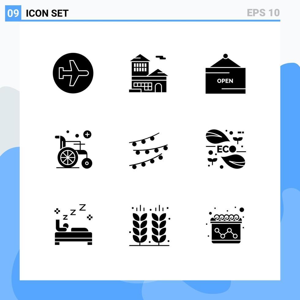 universelle Symbolsymbole Gruppe von 9 modernen soliden Glyphen von Lichtern Rollstuhl Bürorad Schild editierbare Vektordesign-Elemente vektor