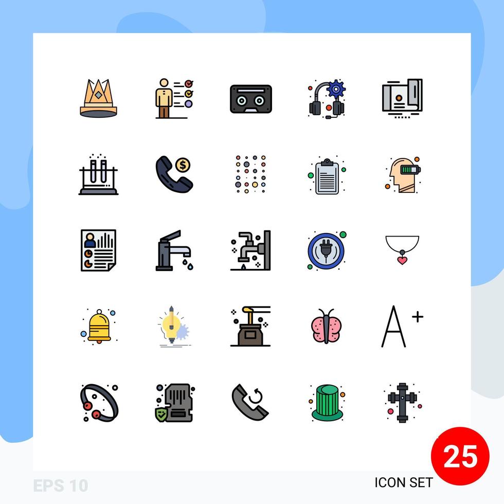 Piktogramm-Set mit 25 einfachen, gefüllten Linien, flachen Farben von Headset-Ausrüstung, Job-Fähigkeiten, Tonband, bearbeitbaren Vektordesign-Elementen vektor