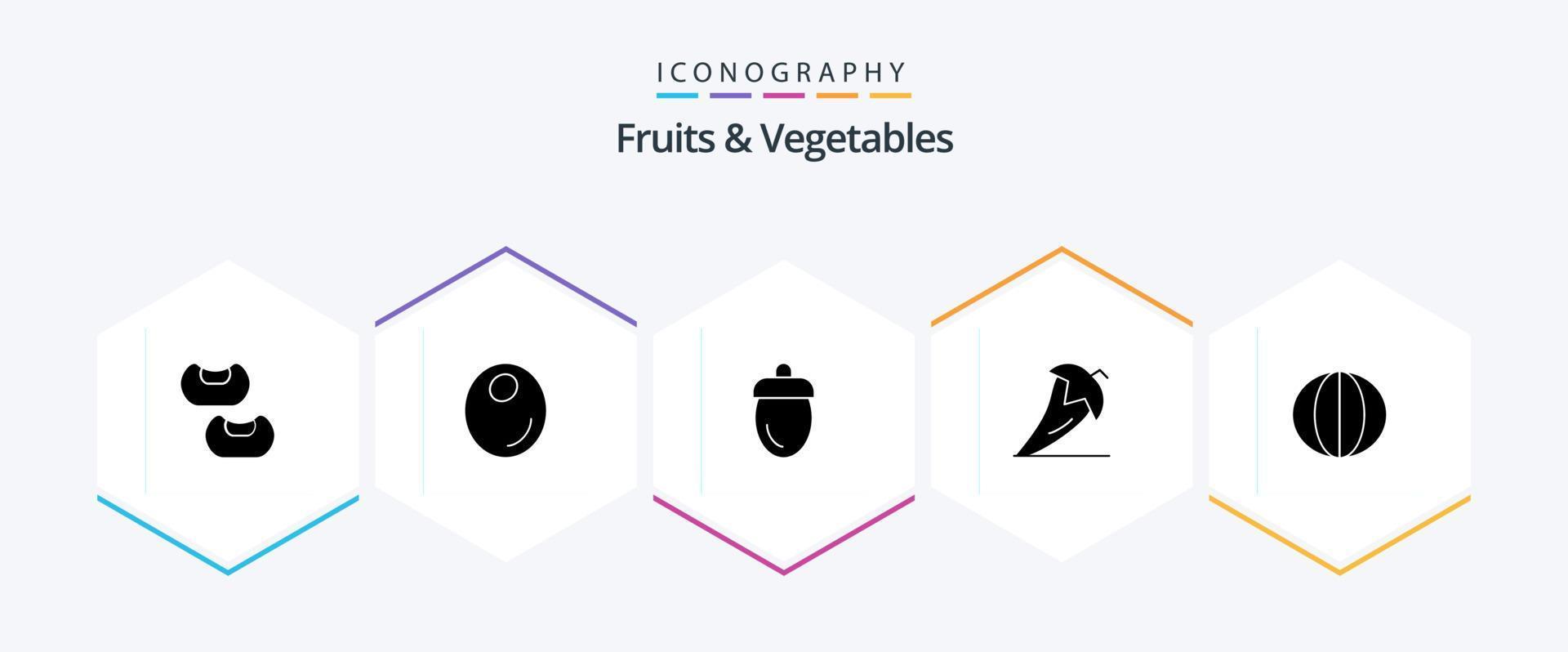 frukt och grönsaker 25 glyf ikon packa Inklusive pumpa. färsk. frukter. grönsaker. ingrediens vektor