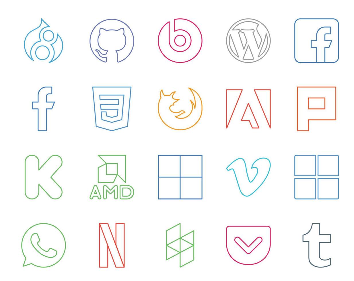 20 Social-Media-Icon-Pack einschließlich WhatsApp-Videobrowser Vimeo Amd vektor