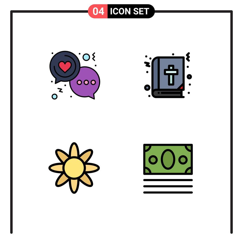 Piktogramm-Set aus 4 einfachen, gefüllten, flachen Farben von Chat-Blumen-Liebesbuch-Natur-editierbaren Vektordesign-Elementen vektor
