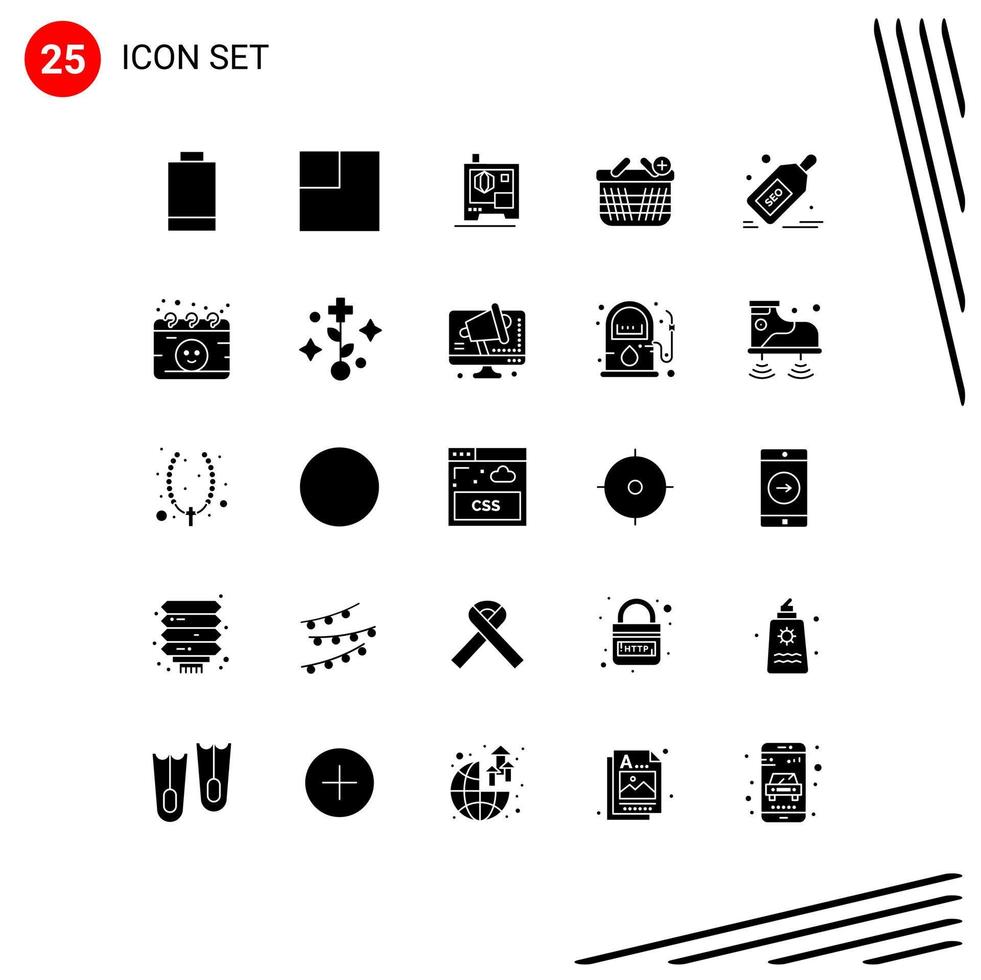Piktogrammsatz aus 25 einfachen soliden Glyphen von Kalenderrabatt-Korb-Tag-seo-editierbaren Vektordesign-Elementen vektor