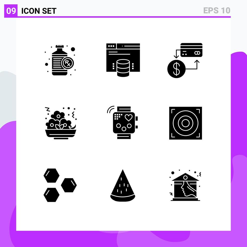 Satz von 9 kommerziellen Solid-Glyphen-Paketen für Aktivitätsmahlzeitabrechnung Lebensmittelmarketing editierbare Vektordesign-Elemente vektor