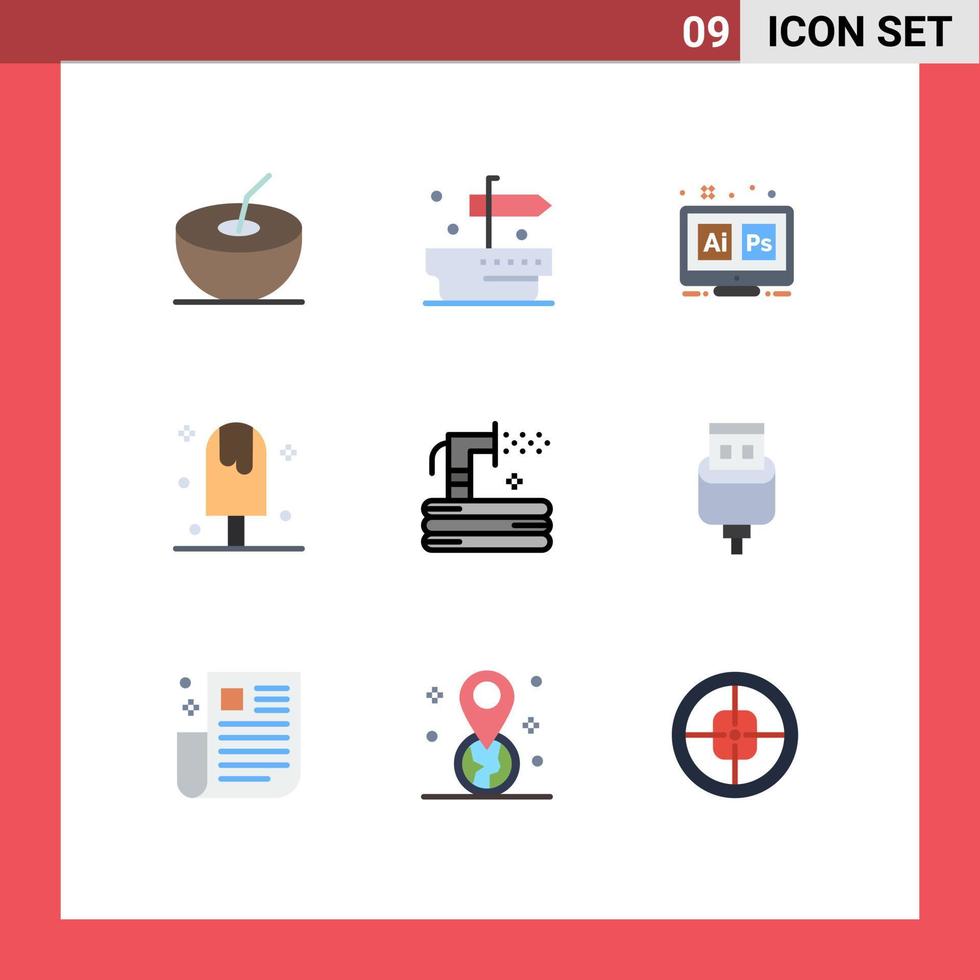 Mobile Schnittstelle flacher Farbsatz von 9 Piktogrammen von Schlauchspülwerkzeug süßes Eis editierbare Vektordesign-Elemente vektor