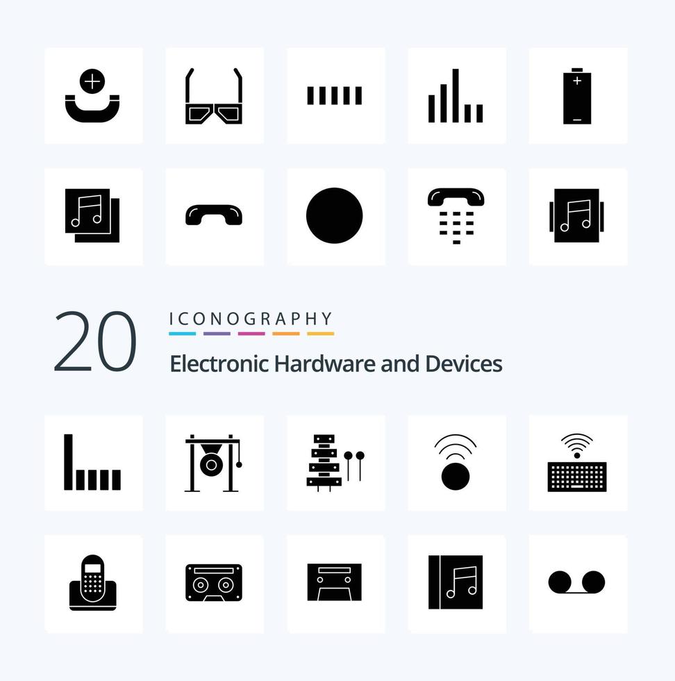 20 Geräte Solid Glyph Icon Pack wie Instrument Sound Connection Music Gong vektor