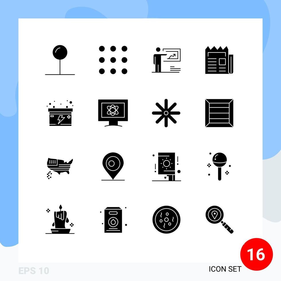 16 solides Glyphenkonzept für mobile Websites und Apps, Batteriepapier, Strategie, Zeitungsnachrichten, editierbare Vektordesign-Elemente vektor