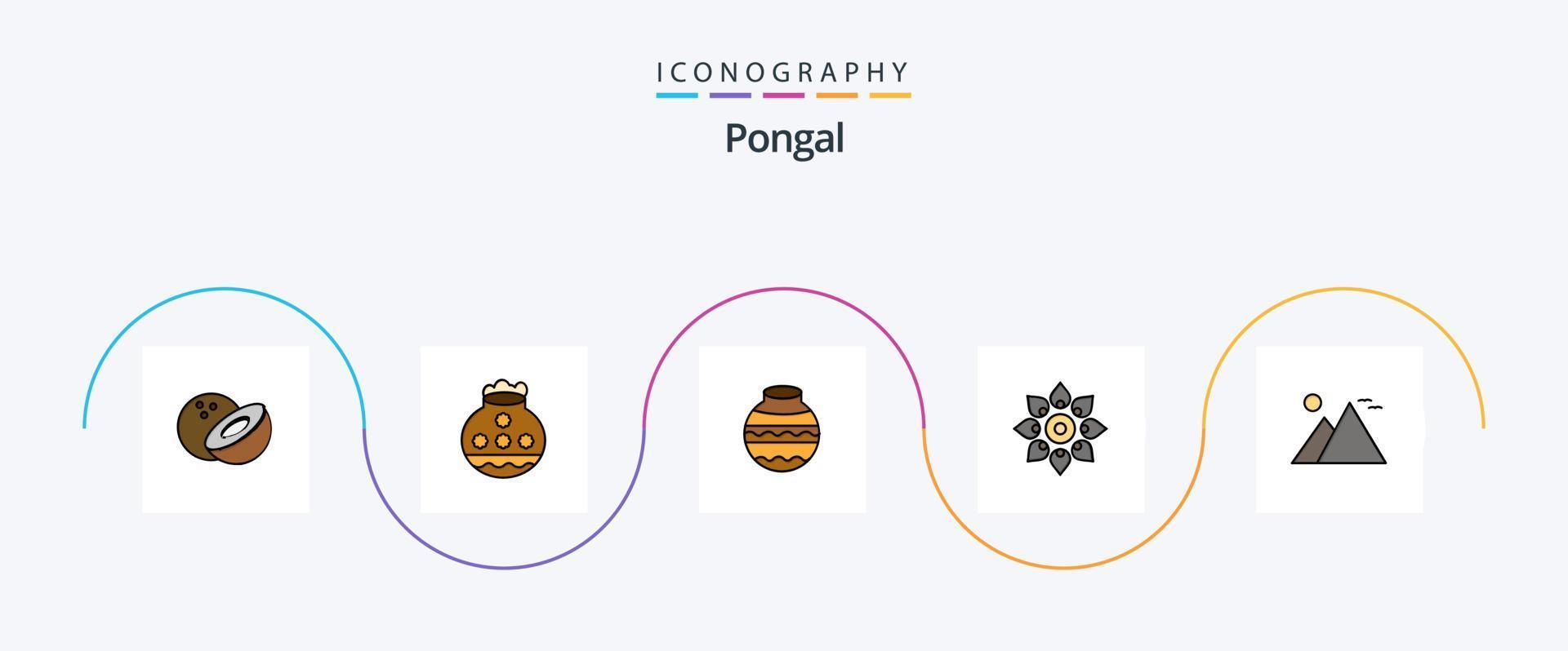 pongal linje fylld platt 5 ikon packa Inklusive Sol. landmärke. dekorera. giza. holi vektor