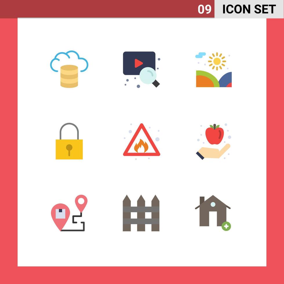 Stock Vector Icon Pack mit 9 Zeilen Zeichen und Symbolen für Zeichen Fire Lake Alert Passwortsperre editierbare Vektordesign-Elemente