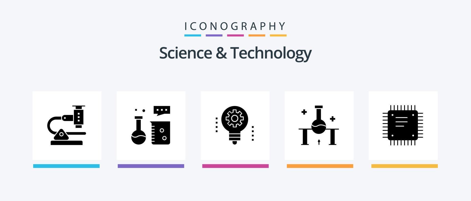 Wissenschaft und Technologie Glyphe 5 Icon Pack inklusive Wissenschaft. Labor. Labor-Ausstattung. Robotik. Elektronik. kreatives Symboldesign vektor