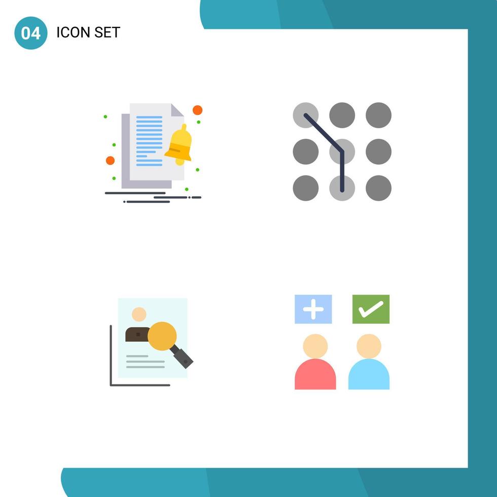 flaches Icon-Paket mit 4 universellen Symbolen für wachsame Mitarbeiter benachrichtigen passkey menschliche editierbare Vektordesign-Elemente vektor