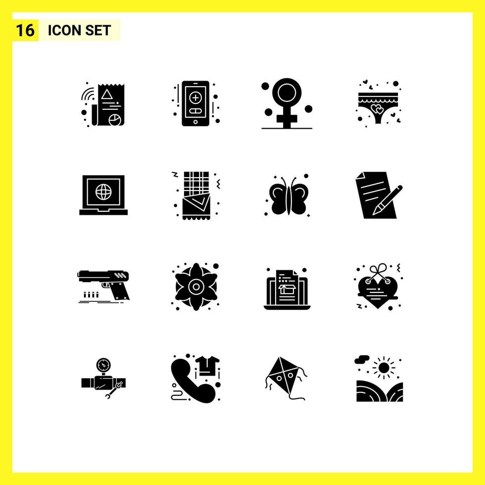 16 solides Glyphen-Konzept für mobile Websites und Apps Churro Laptop Healthcare Globe Panties editierbare Vektordesign-Elemente vektor