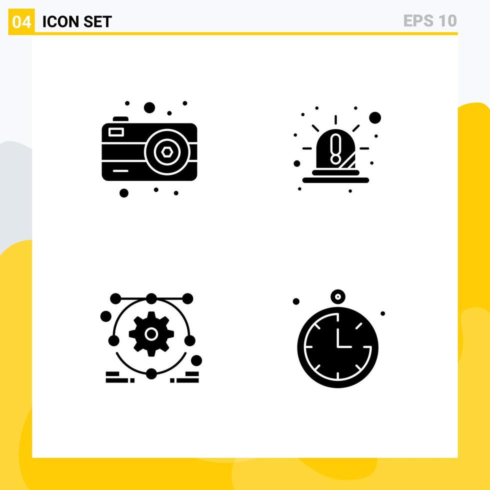 Piktogrammsatz aus 4 einfachen soliden Glyphen des Kamera-Webdesigns Alarm roter Kompass editierbare Vektordesign-Elemente vektor