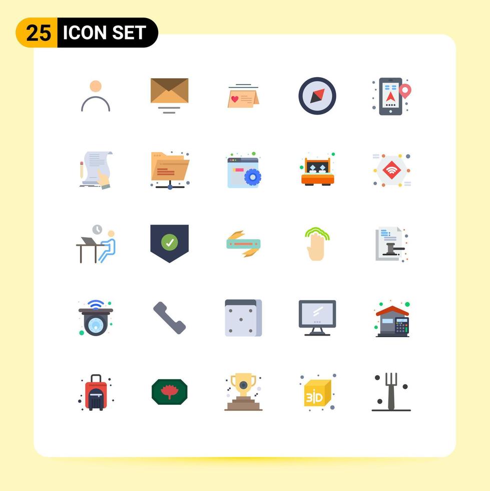 satz von 25 kommerziellen flachen farbpaketen für die dokumentennavigation lieben mobile gps-editierbare vektordesignelemente vektor