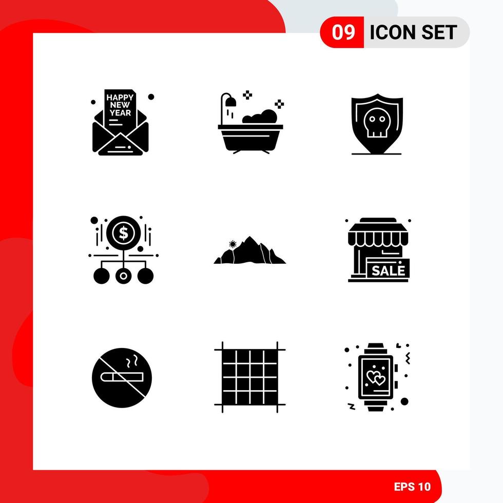 Gruppe von 9 soliden Glyphen Zeichen und Symbolen für Hill Pay Schild Geld Bargeld editierbare Vektordesign-Elemente vektor