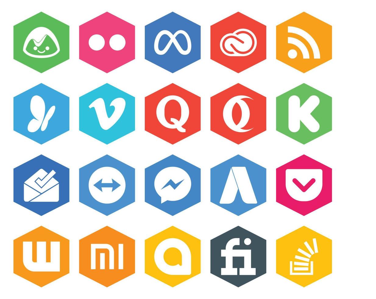 20 Social-Media-Icon-Pack einschließlich Messenger-Posteingang msn-Kickstarter-Frage vektor