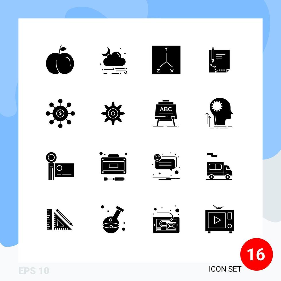 Mobile Schnittstelle solider Glyph-Satz von 16 Piktogrammen von bearbeitbaren Vektordesign-Elementen für Geldunterzeichnungsraumzeichenseite vektor