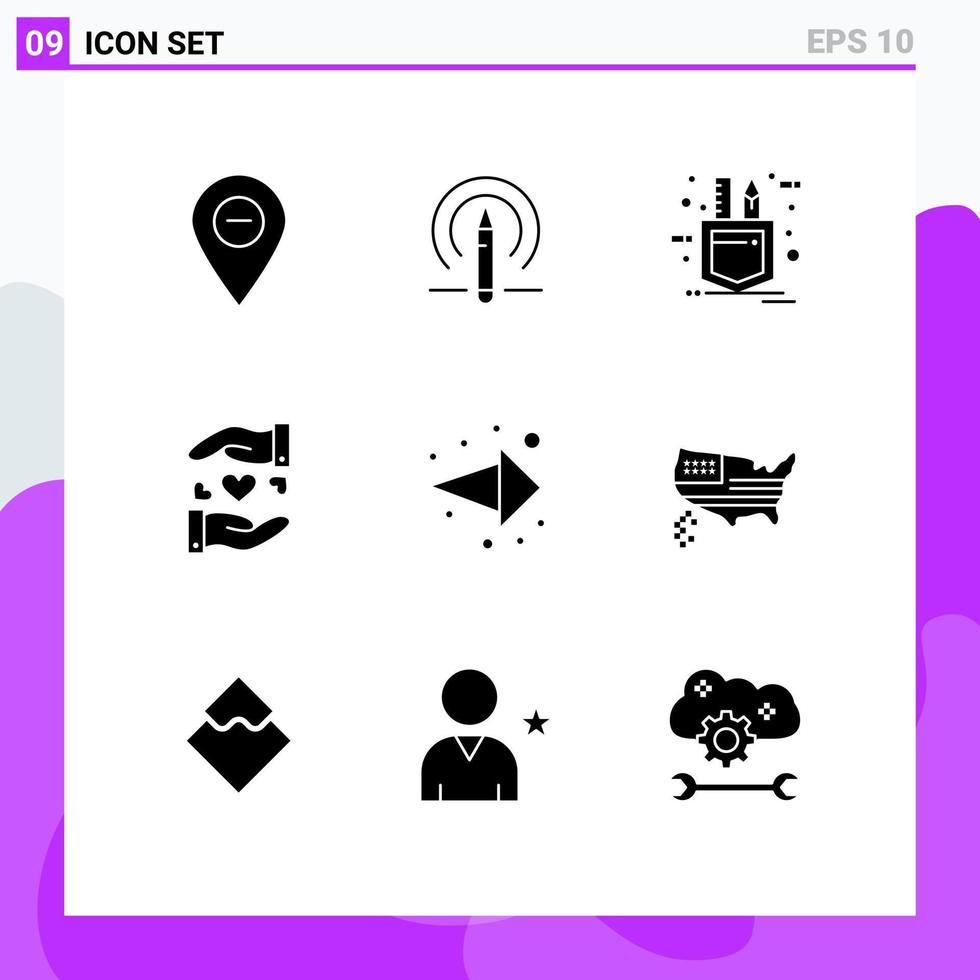 modern uppsättning av 9 fast glyfer pictograph av pil hjärta verktyg delning skiss redigerbar vektor design element