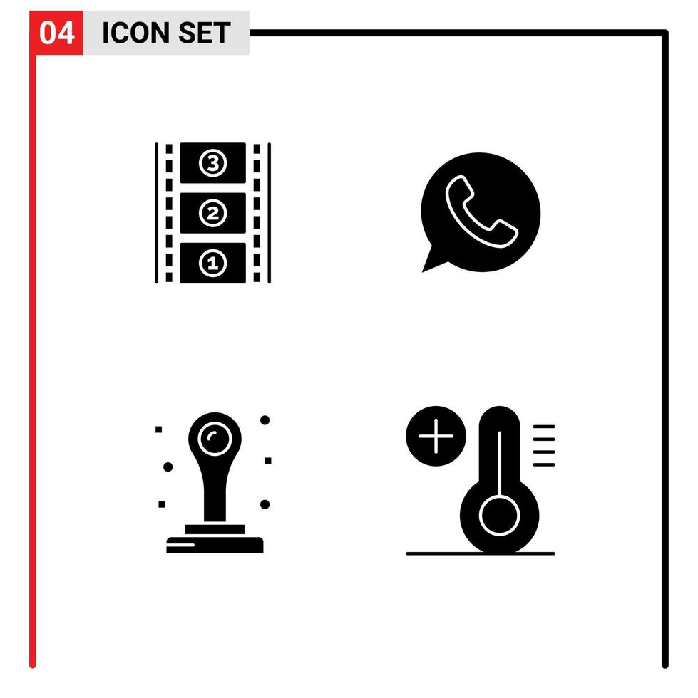 Piktogrammsatz aus 4 einfachen soliden Glyphen der Filmrollen-Briefpapier-App Watt-App plus bearbeitbare Vektordesign-Elemente vektor