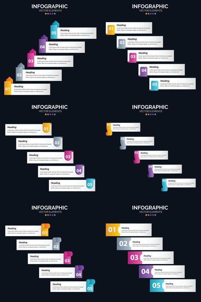 Vektor 6 Infografiken Pack Präsentationsfolie Vorlage 5 Schritte Zyklusdiagramme und Zeitleisten