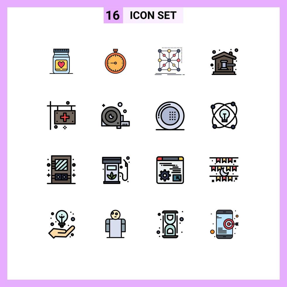 redigerbar vektor linje packa av 16 enkel platt Färg fylld rader av auktion hammare komplex tid klunga ramverk redigerbar kreativ vektor design element