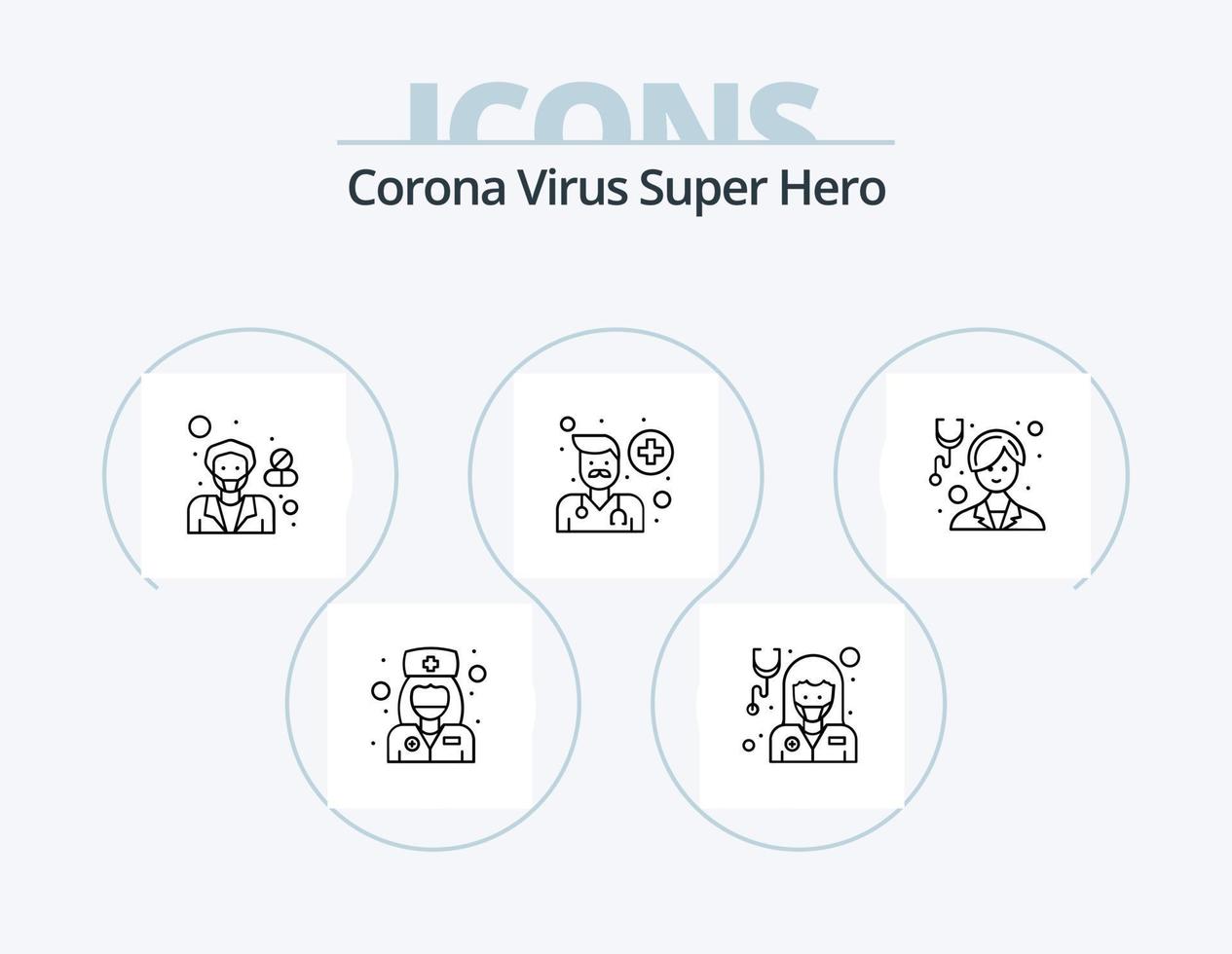 korona virus super hjälte linje ikon packa 5 ikon design. labb. manlig avatar. manlig. sjukvård. läkare vektor