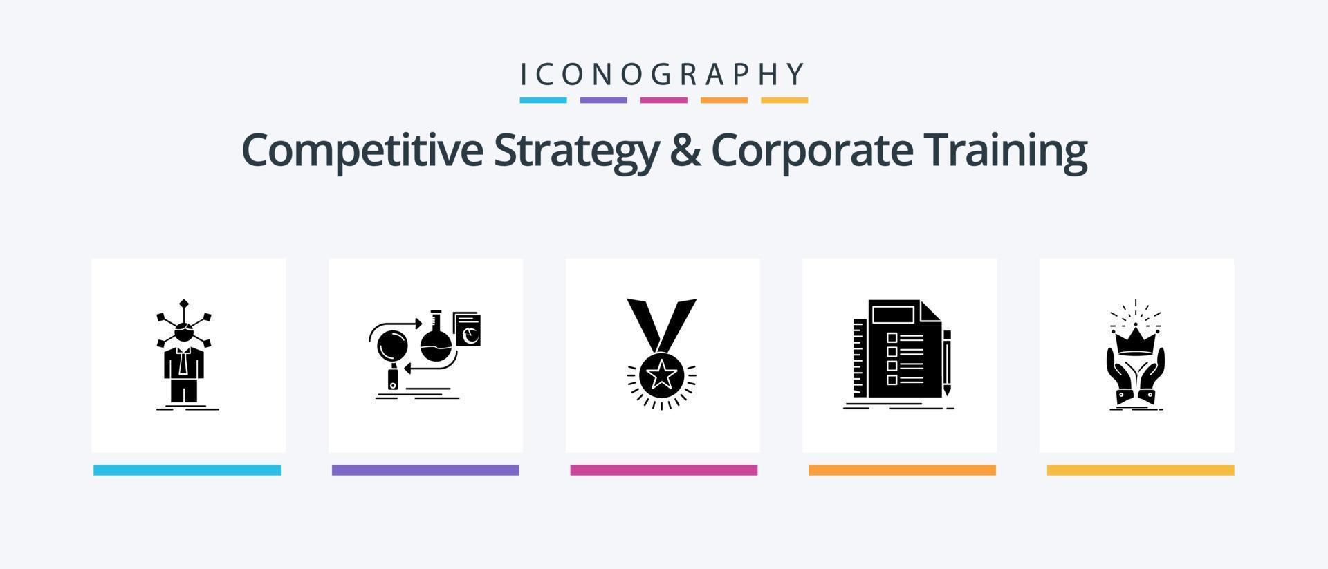 Wettbewerbsstrategie und Unternehmenstraining Glyphe 5 Icon Pack inklusive Liste. Schleife. Entwicklung. Ruf. Medaille. kreatives Symboldesign vektor