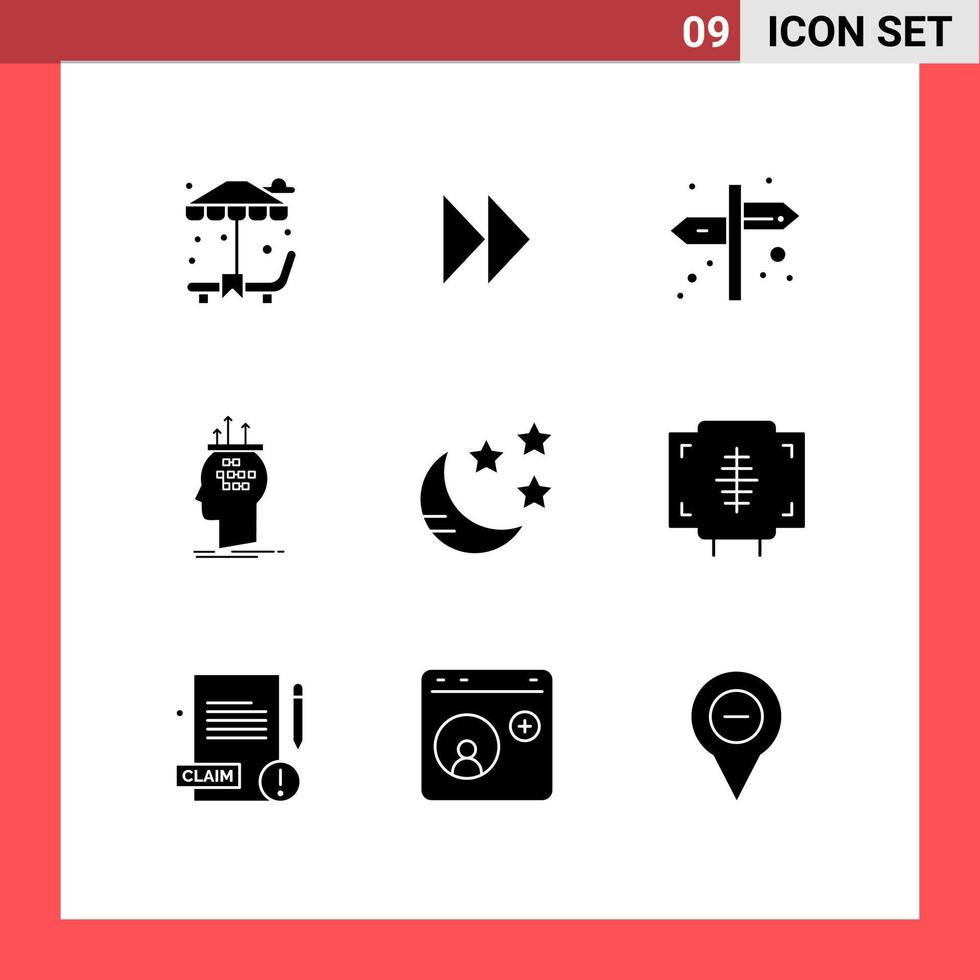 9 universell fast glyfer uppsättning för webb och mobil tillämpningar natt halvmåne navigering tänkande slutsats redigerbar vektor design element