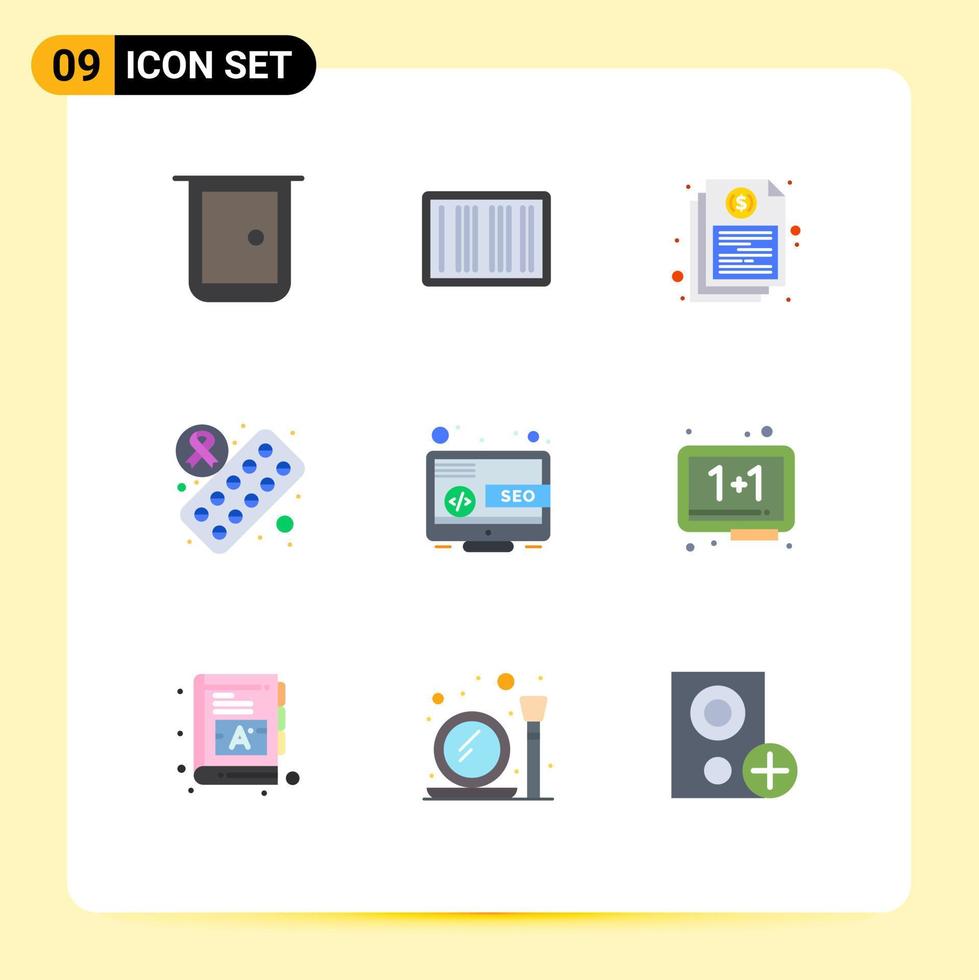 Gruppe von 9 modernen flachen Farben für Desktop-Medizin-Shopping-Tablet finanzielle editierbare Vektordesign-Elemente vektor
