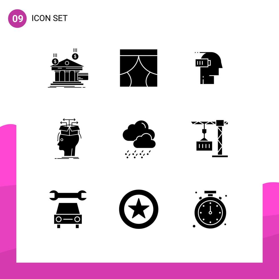 Gruppe von 9 soliden Glyphen Zeichen und Symbolen für Head Data Theater Mind Low editierbare Vektordesign-Elemente vektor