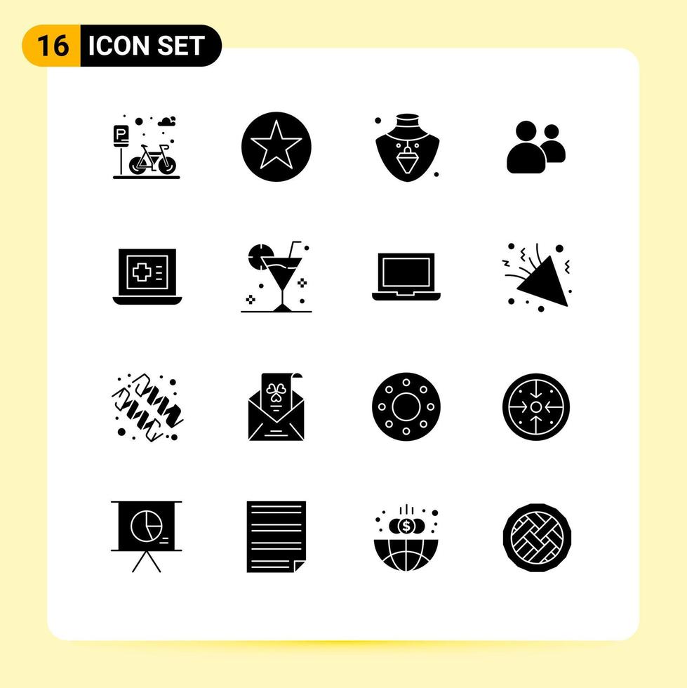 Gruppe von 16 modernen soliden Glyphen, die für Freunde von Starbenutzern des medizinischen Teams gesetzt werden, editierbare Vektordesignelemente vektor