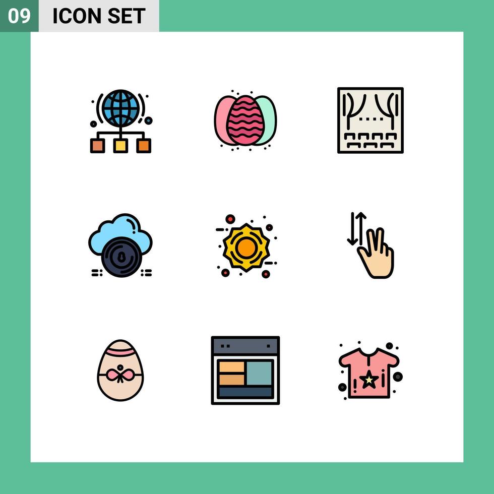 Satz von 9 Vektor-Fülllinien-Flachfarben auf Raster für Datenschutz, Natur, sicheres Theater, bearbeitbare Vektordesign-Elemente vektor
