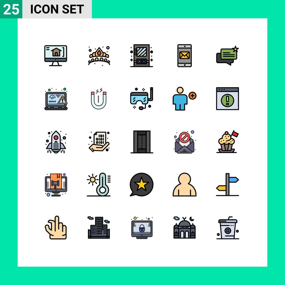Piktogrammsatz aus 25 einfachen, gefüllten Linien mit flachen Farben von Online-Chat-Kabinettspost, mobile editierbare Vektordesign-Elemente vektor