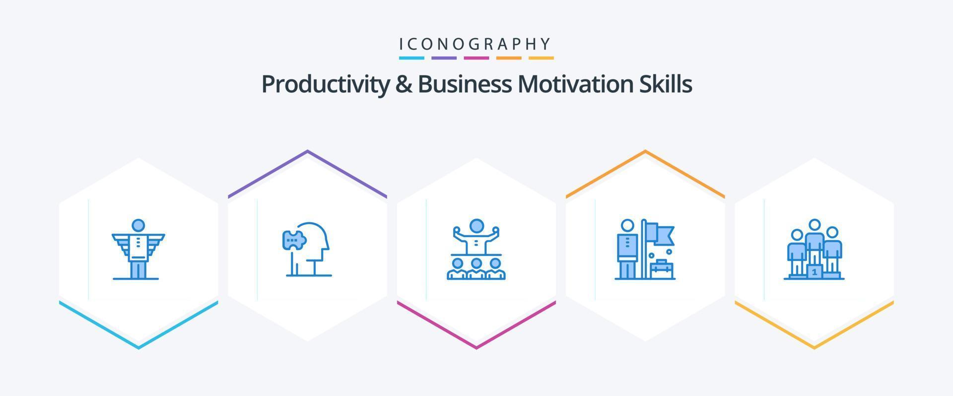 produktivitet och företag motivering Kompetens 25 blå ikon packa Inklusive flagga. uppnå. lösningar. skicklig. mentorskap vektor