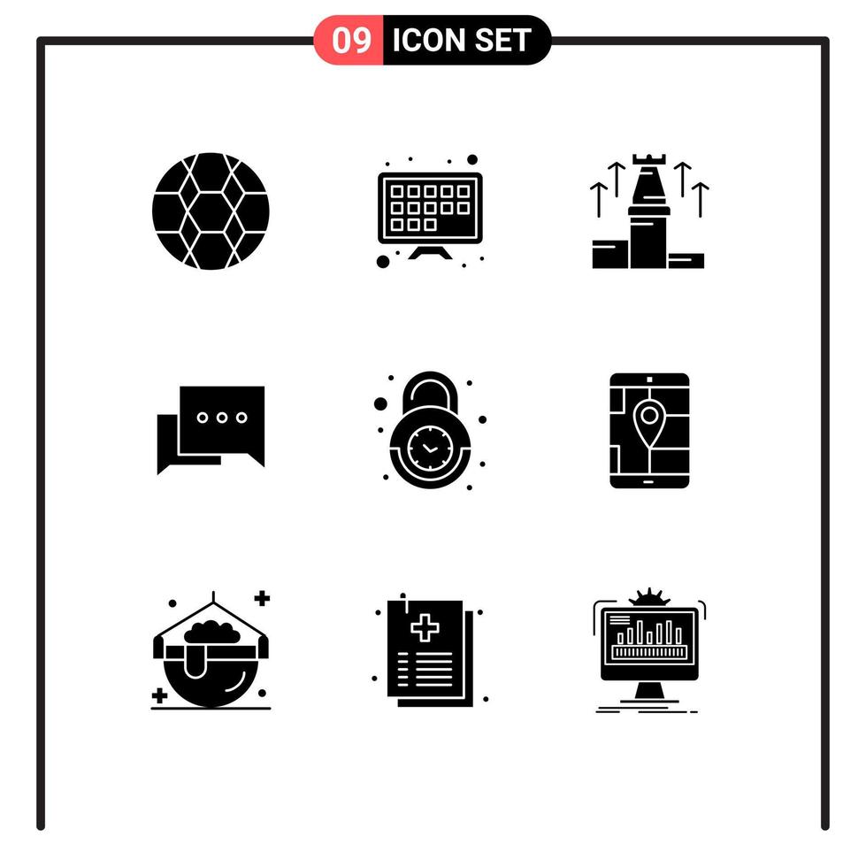 solides Glyphenpaket mit 9 universellen Symbolen für Sperralarm, Kommentarblase, editierbare Vektordesignelemente vektor