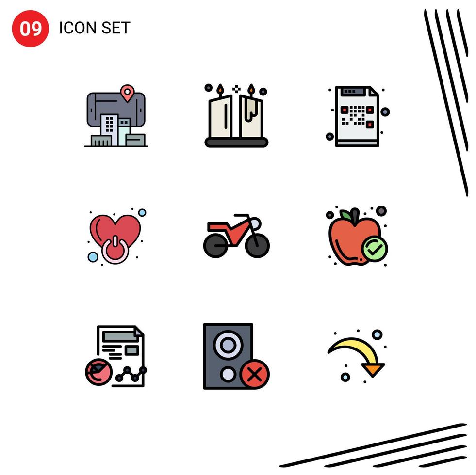 9 thematische Vektor-Fülllinien-Flachfarben und bearbeitbare Symbole des Motorradzeichencodes Schalten Sie bearbeitbare Vektordesign-Elemente aus vektor