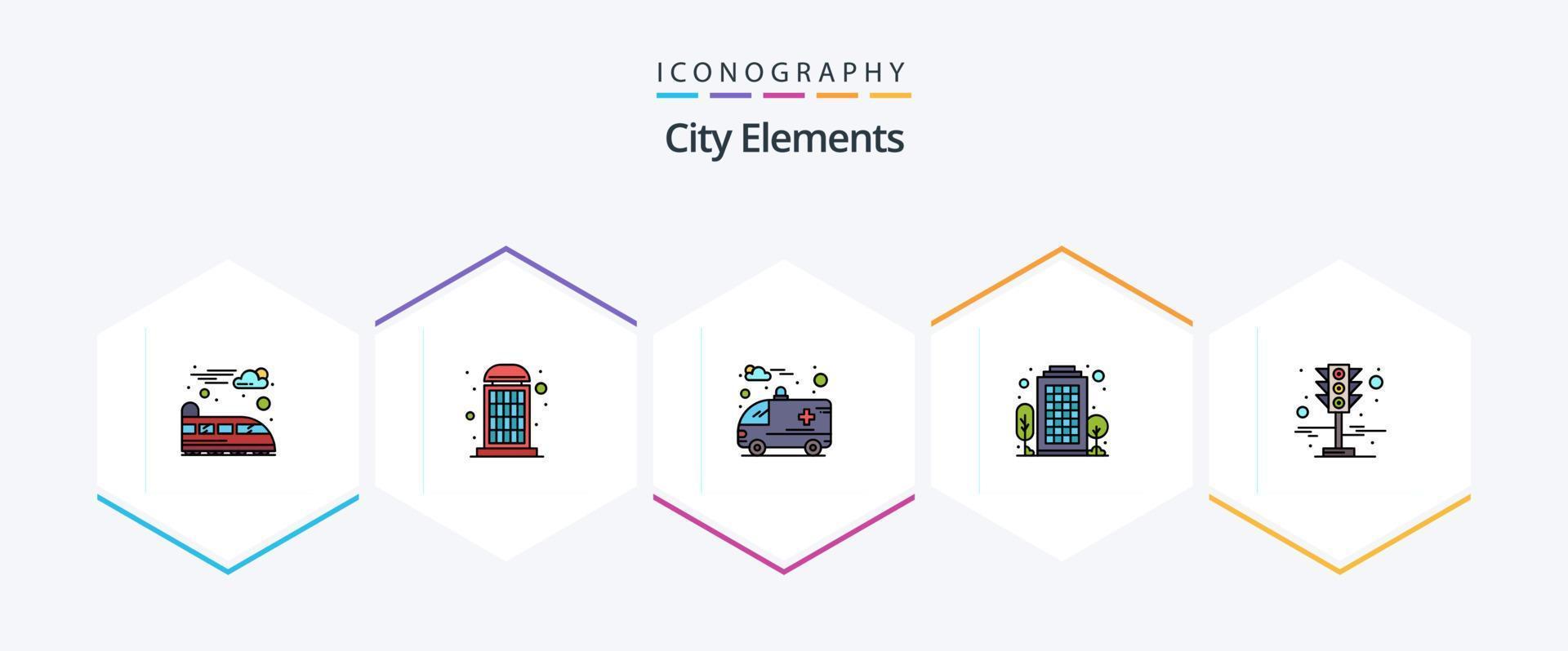 City Elements 25 gefülltes Symbolpaket mit Verkehr. Verkehr. Wagen. Signal. Haus vektor