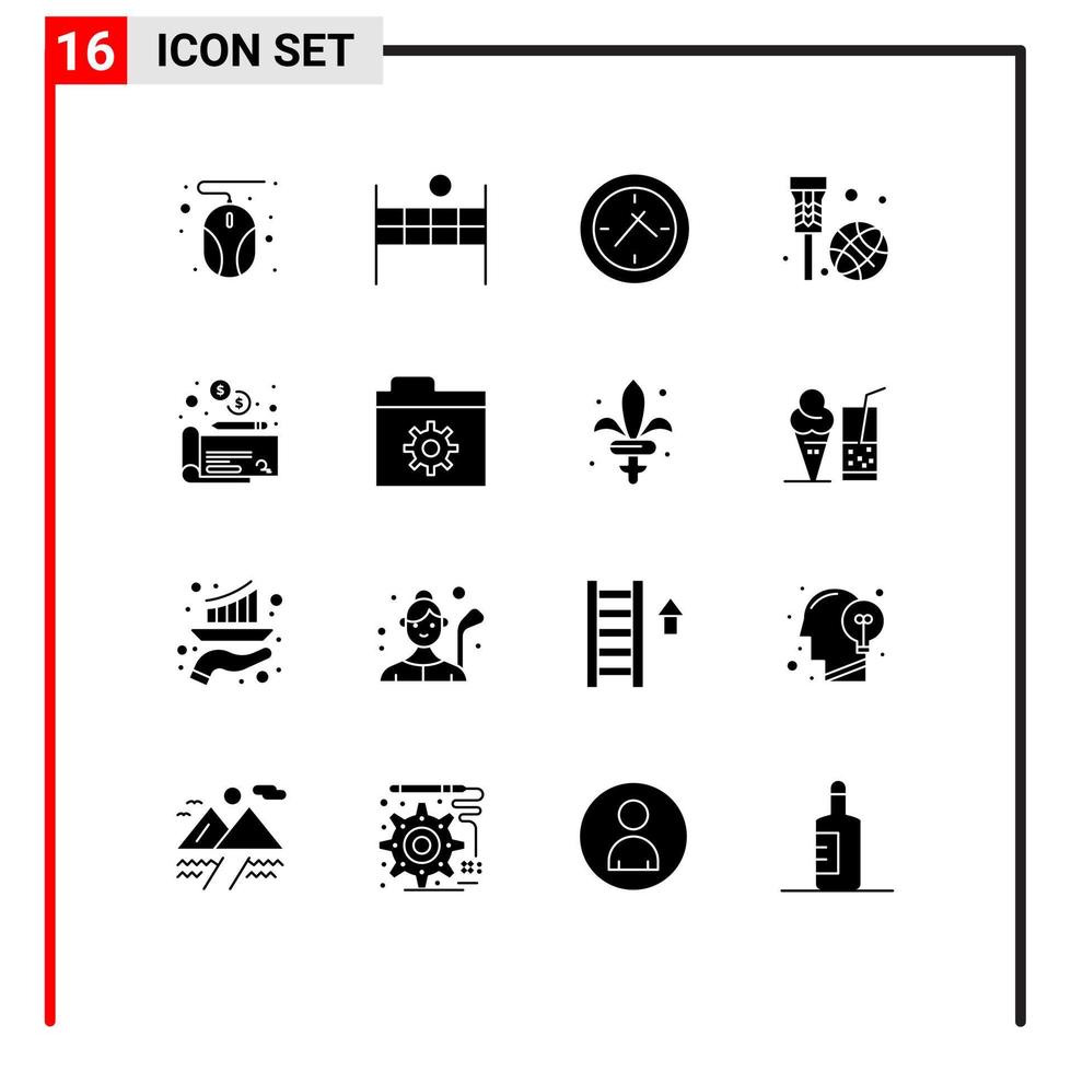solides Glyphenpaket mit 16 universellen Symbolen der Steuergelduhr Cheaque net editierbare Vektordesignelemente vektor