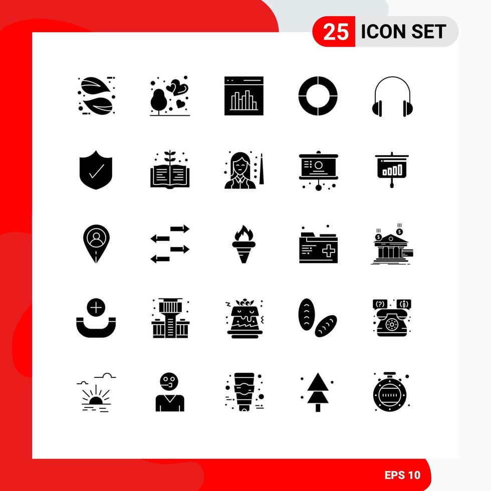 25 användare gränssnitt fast glyf packa av modern tecken och symboler av hörlurar paj app diagram användare redigerbar vektor design element