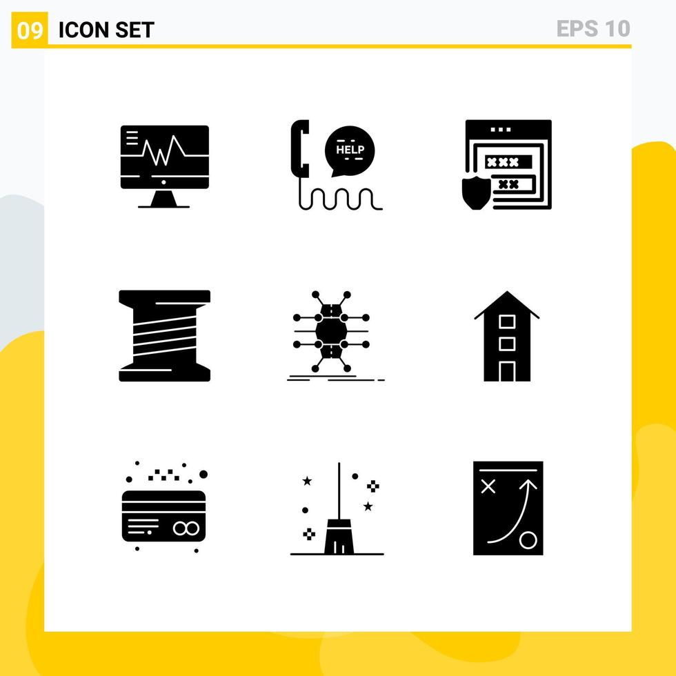 Packung mit 9 kreativen soliden Glyphen aus Gitterfäden hilft bei der Spulenspeicherung editierbarer Vektordesign-Elemente vektor