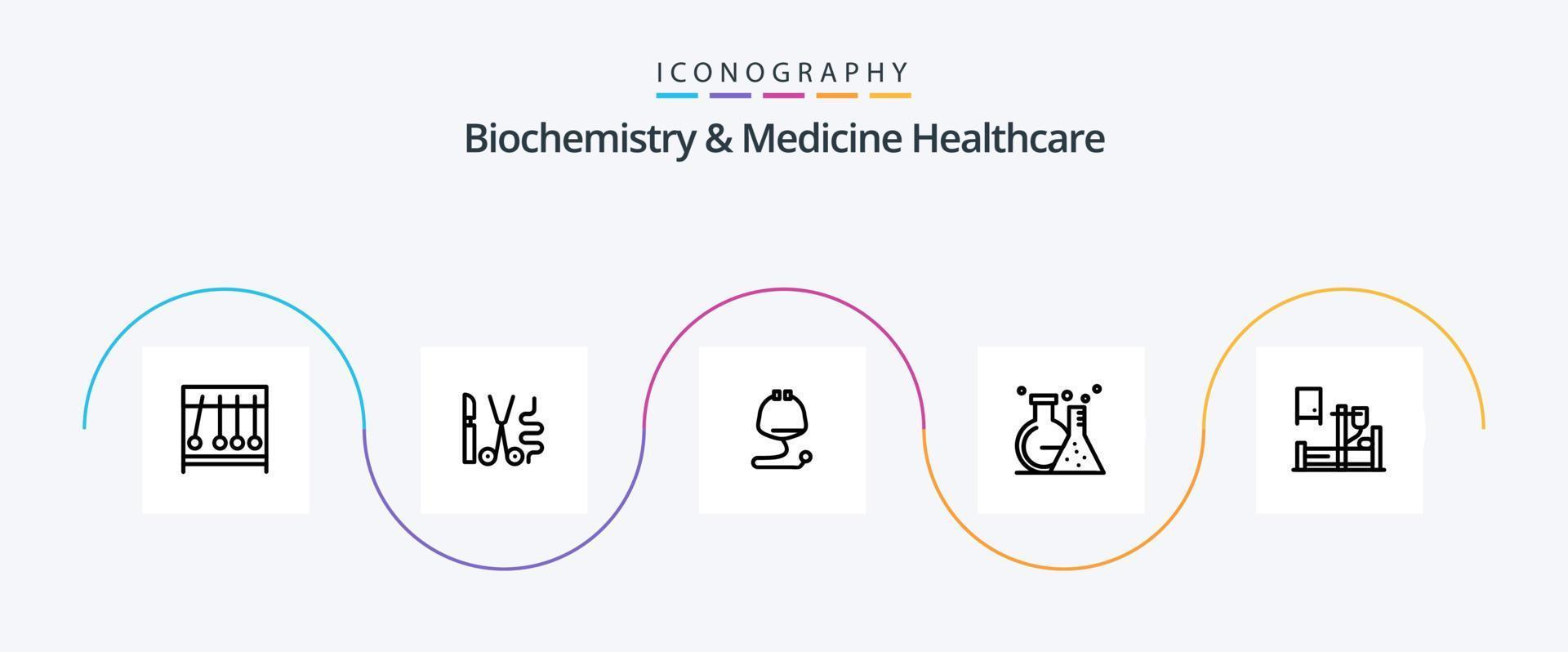 Biochemie und Medizin Healthcare Line 5 Icon Pack inklusive Tropf. Prüfung. medizinisch. Rohr. Flasche vektor